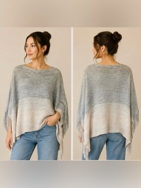 Guilty Knitwear Fringe Poncho Gray Cream One Size Boho